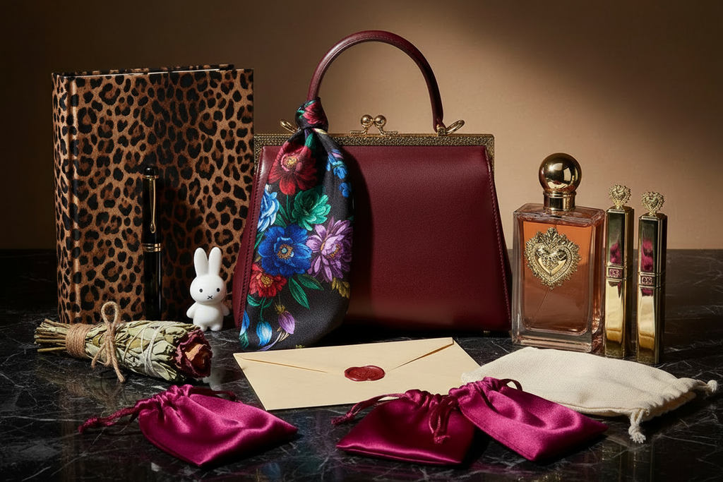 The Full Edit — dark marble editorial flat lay with rare vintage oxblood leather top-handle bag, jewel-tone floral silk scarf, D&G Devotion perfume, D&G gold lip products, sage bundle with roses, large leopard journal, luxury gold pen, Miffy keychain, papyrus envelope with wax seal, magenta satin bags and muslin bags
