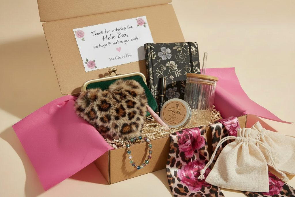 The Hello Box — open kraft gift box with hot pink tissue, green velvet leopard coin purse, dark floral journal, glass tumbler, round candle, beaded bracelet, leopard rose satin scarf, corrected thank you note card, with one closed and one open muslin find bag outside the box