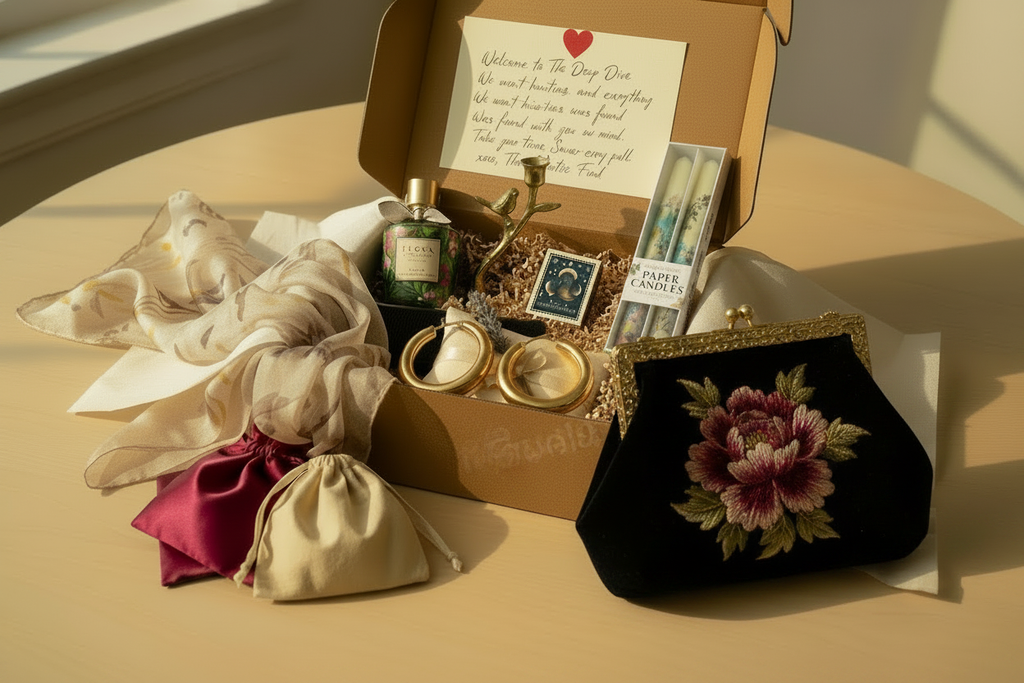 The Deep Dive Date Night — open kraft gift box with Gucci Flora perfume, brass branch and bird candle holders, hand-painted botanical taper candles with ribbons, matchbox case, silk scarf, lavender sachet pillow, loose gold hoop earrings, welcome note card with heart sticker, refined black vintage clutch with large statement floral motifs and gold frame clasp beside box, and magenta satin bags plus muslin bag outside