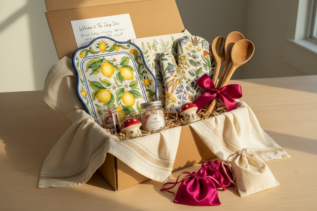 The Deep Dive — open kraft gift box for the cook with Italian lemon ceramic tray, gorgeous cookbook, floral oven mitts, ceramic salt and pepper shakers, saffron, Himalayan pink salt, ribbon-tied wooden spoons, linen kitchen towels spilling out, and magenta satin bags plus muslin bag outside