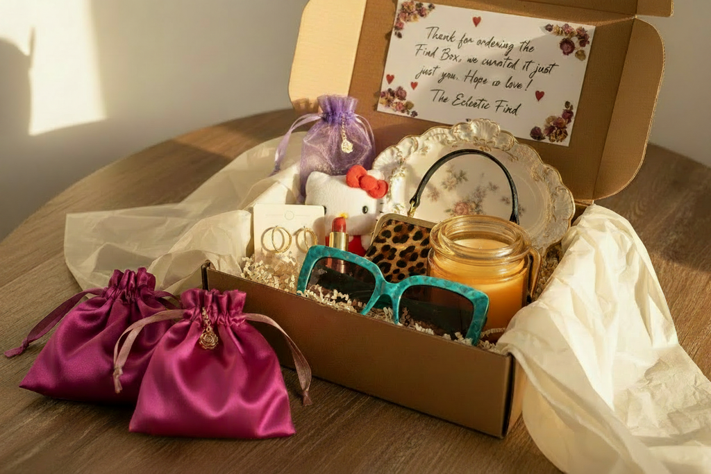 The Find Box — open kraft gift box with tissue paper, vintage teal sunglasses, leopard kiss-lock handbag, Hello Kitty plush, red lipstick, gold hoop earrings, lavender sachet with enamel rose charm, unlit amber glass candle, and two magenta satin drawstring bags outside