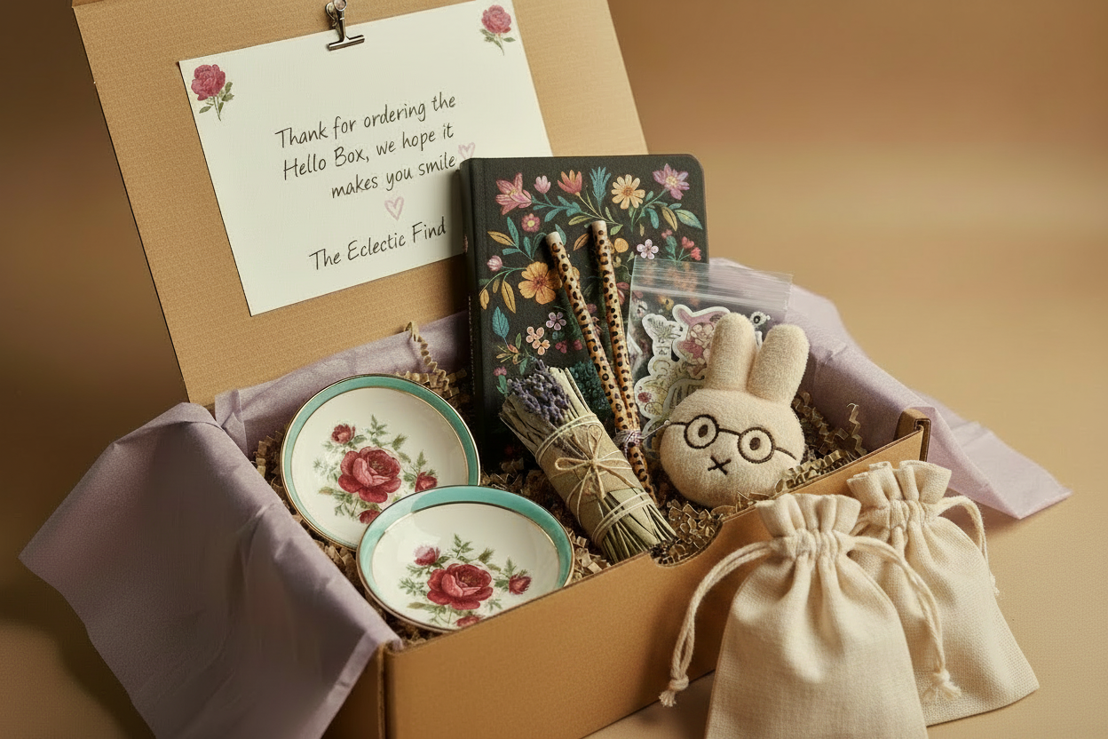 The Hello Box — open kraft gift box with lavender tissue, vintage rose floral saucers, dark floral journal, leopard pens, palo santo, bunny plush, corrected note card reading Thank you for ordering the Hello Box we hope it makes you smile, with two plain muslin find bags outside the box