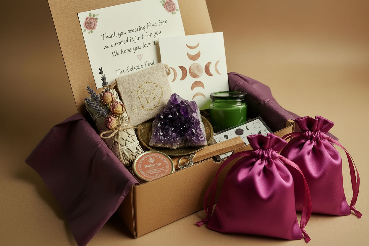 The Find Box — open kraft gift box with purple tissue, amethyst crystal cluster, sage smudge bundle, embroidered constellation journal, green glass candle, herbal tea tin, moon charm bracelet, constellation stickers, moon phase art card, note card, and two magenta satin drawstring bags outside