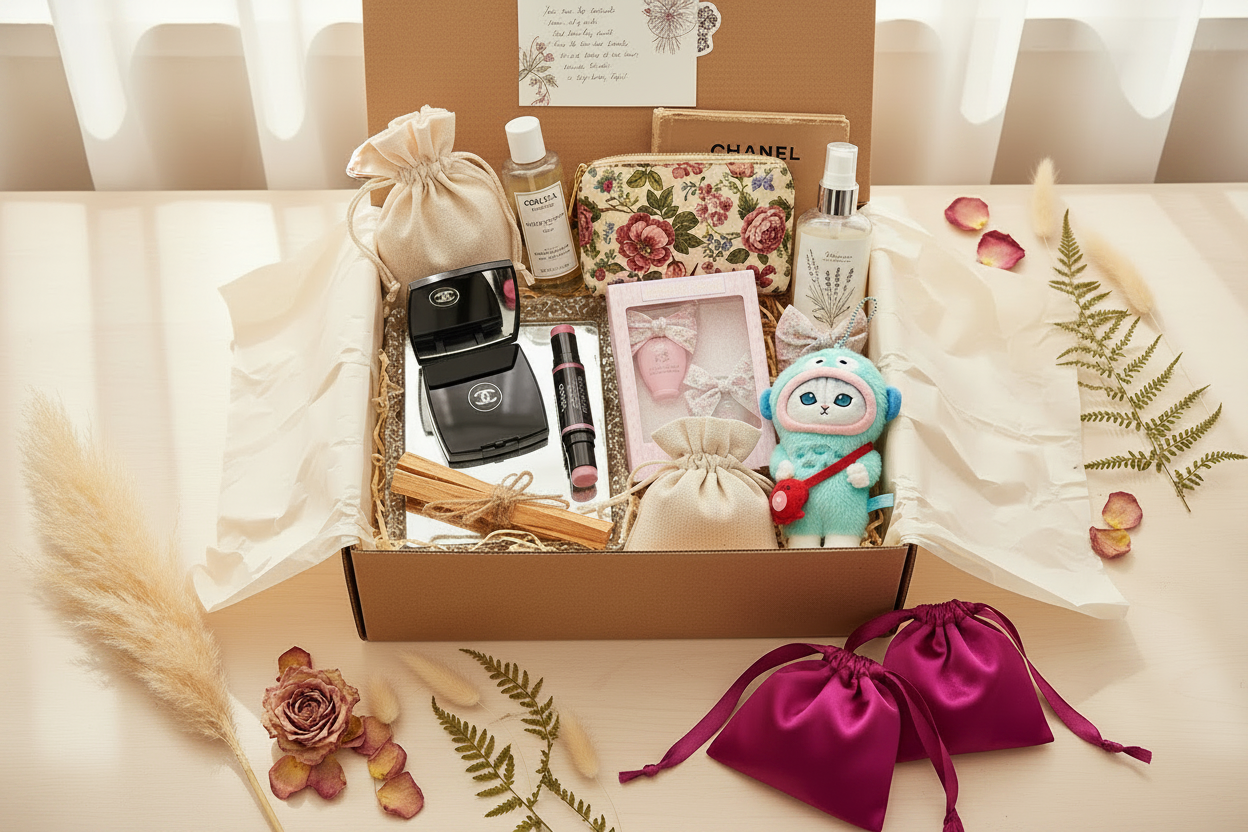 The Deep Dive — open kraft gift box with cream tissue, Chanel compact mirror and blush on etched glass tray, Love Shack Fancy makeup bag, Mofusand plush keychain, Love Shack Fancy mini perfumes, Chanel coffee table book, Voluspa candle, palo santo, lavender sachet, artisan lotion with no branding, plain muslin bag, and magenta satin drawstring bags outside