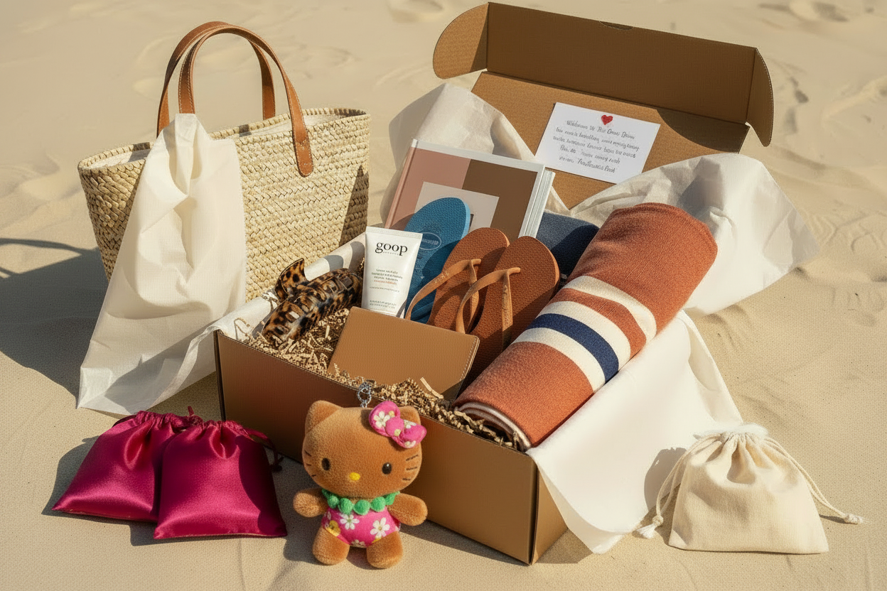 The Deep Dive Vacation Box — open kraft gift box with rattan beach tote, tortoiseshell hair claw, Goop sunscreen, Havaianas flip flops, hardcover book, Turkish stripe beach towel, leather passport holder, welcome note card with heart sticker, brown Hello Kitty Hawaiian bikini keychain in front, and magenta satin bags plus muslin bag outside