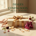 Heart's Desire — Images Coming Soon. Soft romantic editorial teaser with blush pink gift box, antique gold ribbon, dried roses, eucalyptus, vintage gold key, magenta satin bags, deep forest green typography on cream marble surface.