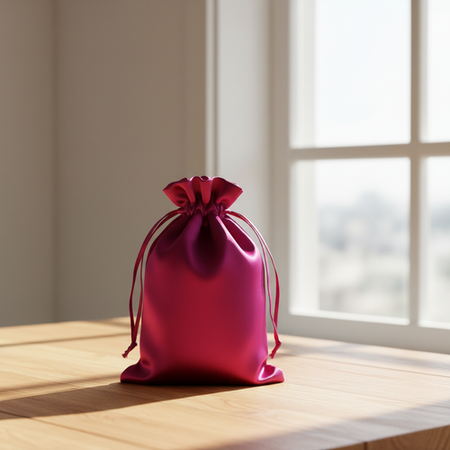Magenta Satin Bag on Wooden Table by Window